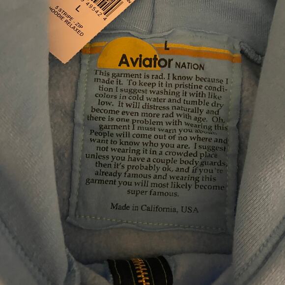 Aviator Nation Unisex 5 Striped Full Zip Hoodie Sky Blue Size Large - Picture 7 of 7